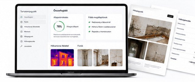 A riport előnézete laptopon: összefoglaló, állapotértékelés, hőkamerás felvételek, fotók és költségbecslés